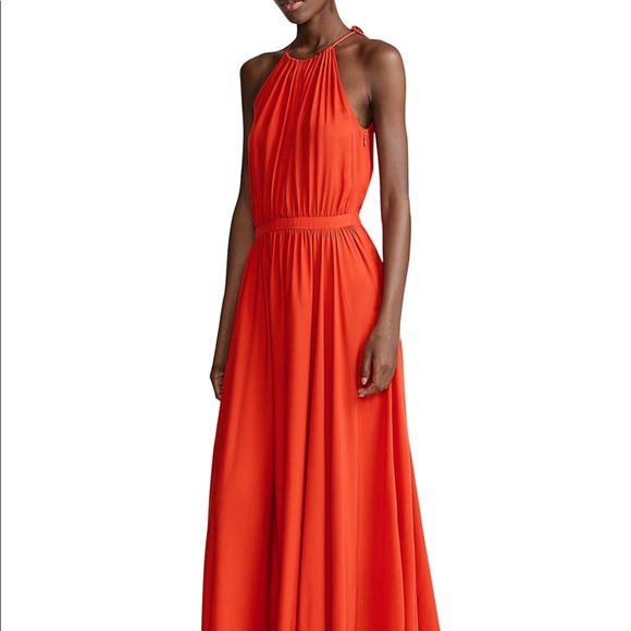 Polo Ralph Lauren Red Keyhole Halter Maxi Crepe Dress